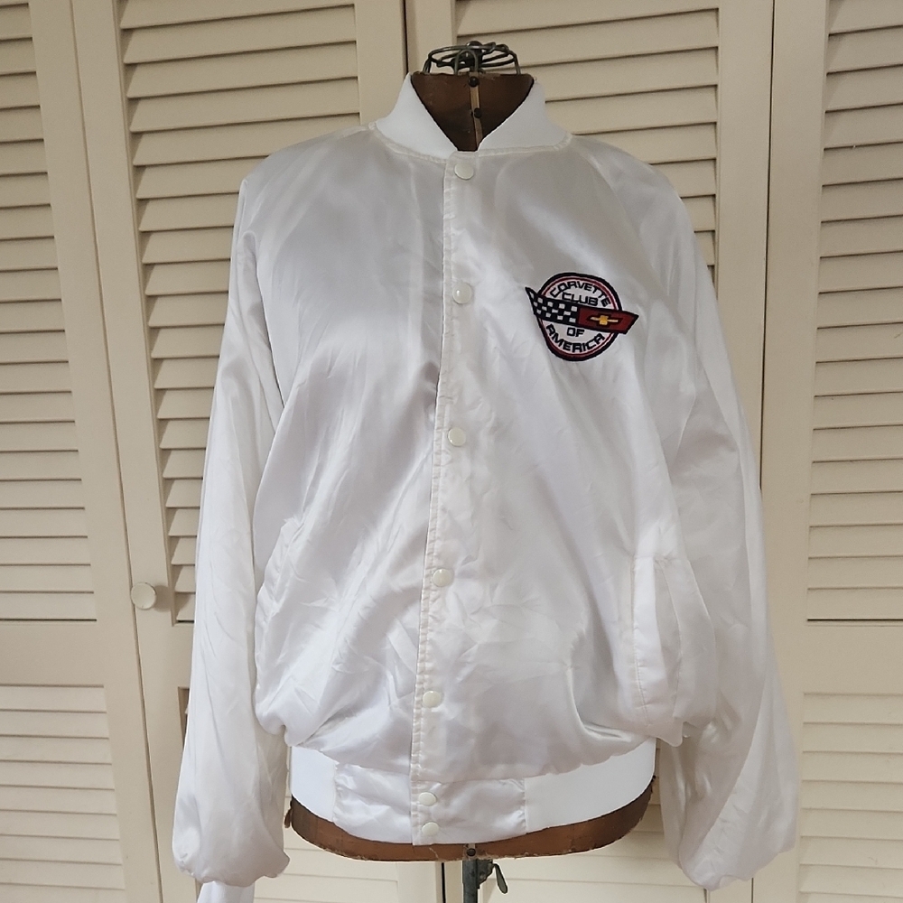 Vintage Satin 80/90s Corvette Club Of America White Satin Bomber Jacket